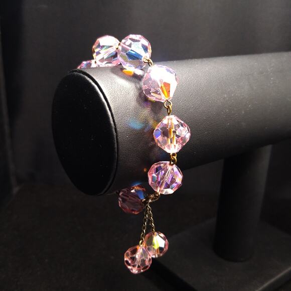 Vintage 1960s  Pink Large Beaded Crystal Dangle Bracelet - Picture 9 of 10